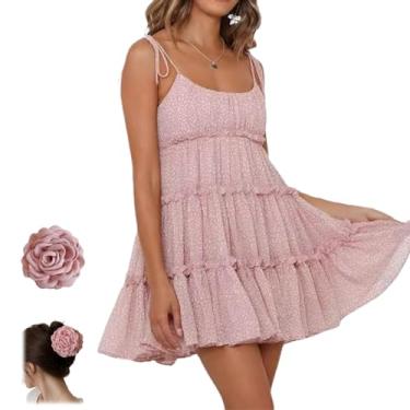 Imagem de Mskhvoe Vestidos femininos de primavera 2024, vestido longo de manga curta com decote em V, vestidos casuais de verão para mulheres 2024, vestido floral, #Vestido frente única - rosa, GG