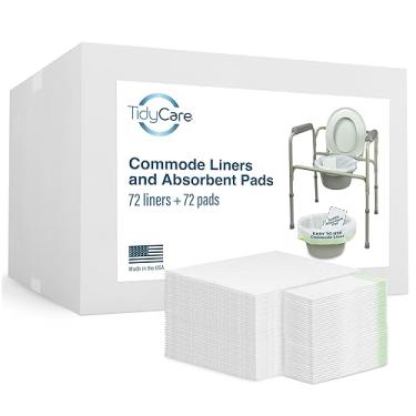 Imagem de Forros de cómoda de cabeceira TidyCare e almofadas absorventes para balde e comadre de cadeira de banheiro portátil | Pacote de 72 sacos de lixo descartáveis ​​e 72 absorventes | Ajuste Universal