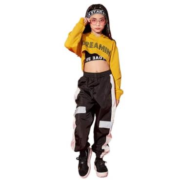 Imagem de LOLANTA Fantasia de dança feminina Hip Hop Jazz Street Dance Outfits, Moletom com capuz infantil + Regata + Conjunto de calças jogger, Amarelo, 14-16