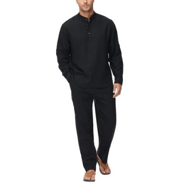 Imagem de Lamgool Conjunto masculino de 2 peças de algodão e linho camisas de manga comprida casual com cordão calças de ioga verão praia roupas de casamento, Preto - 1, Small