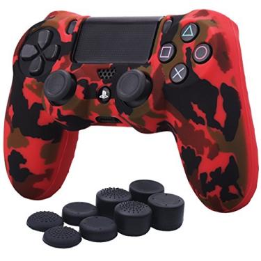 Imagem de YoRHa Water Transfer Printing Camouflage Silicone Cover Skin Case for Sony PS4/slim/Pro Dualshock 4 Controller x 1(red) with Pro Thumb Grips x 8