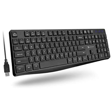 Imagem de X9 Performance Teclado ergonômico para computador com fio – Teclado USB para laptop, computador Windows, computador desktop, uso no escritório com fio de cabo de 1,5 m, 104 teclas silenciosas, 14 atalhos e suporte – Preto