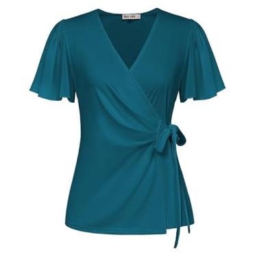 Imagem de GRACE KARIN Blusas femininas elegantes de chiffon de manga curta 2024, blusas de verão, gola V, camisas de trabalho, Azul royal, XXG