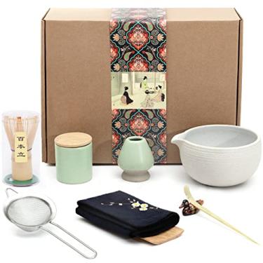 Imagem de Artcome Conjunto de chá de matcha japonês, tigela de matcha com bico de derramamento, batedor de matcha, colher de chá, suporte de batedor de cerâmica, suporte de pó de matcha, kit de cerimônia de matcha feito à mão para cerimônia de chá japonesa (9 peças)