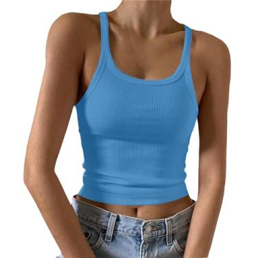 Imagem de Howstar Regatas cropped femininas gola quadrada alças finas sem mangas roupa íntima 2024 verão lisa camisa casual, Azul, XXG