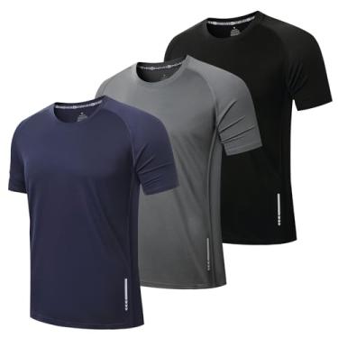 Imagem de ZENGVEE Pacote com 3 camisetas masculinas de malha atlética de malha com absorção de umidade e ajuste seco, Preto, cinza, azul marinho, M