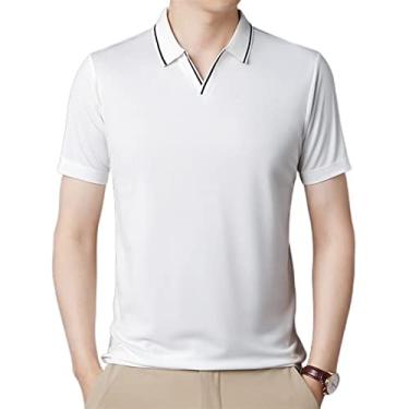 Imagem de Polos de golfe masculinos poliéster cor sólida listrado colar tático camisas manga curta regular ajuste colarinho esporte leve macio(Color:White,Size:XXL)