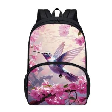 Imagem de Suobstales Mochila para meninas e crianças, grande, mochila casual com alça de ombro e bolso com zíper, Beija-flor de cerejeira, One Size