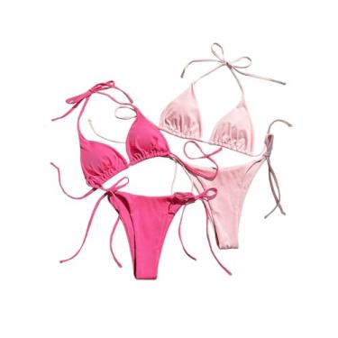 Imagem de RoseSeek Maiô feminino de 4 peças, sem mangas, triangular, frente única, biquíni de malha canelada lateral, rosa, M