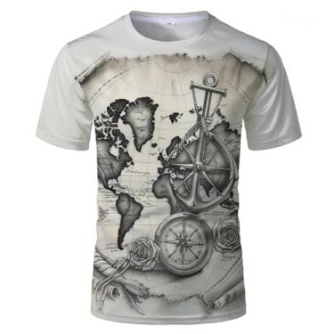 Imagem de Camisetas masculinas de gola redonda, estampa 3D, mapa-múndi e bússola, elementos náuticos, manga curta, Ta0045, M