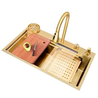 Imagem de Cuba Gourmet Premium Cascata Lavador Copos Torneira Extensível Completa Pia Cozinha Multifuncional Premium Luxo Aço Inox 304 Diversas Cores – Brinovar (DOURADO)