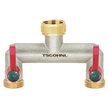 Imagem de TSGOHNL Divisor de mangueira de jardim de latão, desviador de torneira de 2 vias com 2 alças de extensão, divisor de mangueira para uso externo, banhado a níquel resistente, entrada fêmea GHT de 9,5
