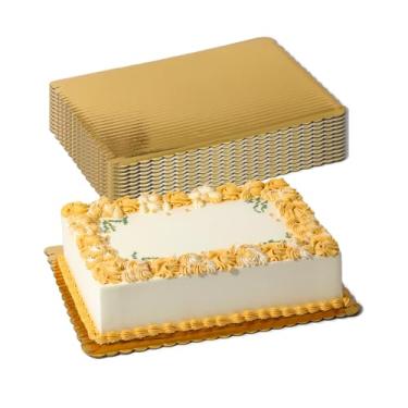 Imagem de [Pacote com 20] Tábua de bolo ondulada dourada de 35,5 x 25,4 cm - folha retangular laminada, base de papelão recortado, bandejas de alimentos para pizza, sobremesas e doces, à prova de gordura e resistente à umidade