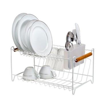 Imagem de Escorredor Louças Pratos Duplo Pia Alça Bambu Metal Branco - Arthi, Br