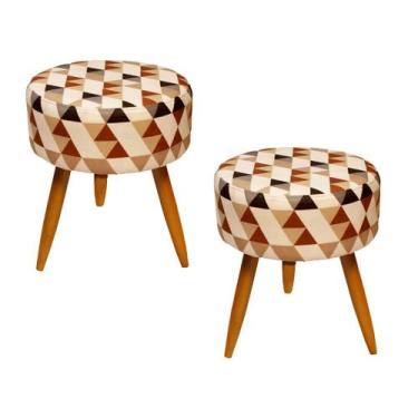 Imagem de Kit 02 Puffs Banqueta Redondo Classic Suede Estampado Triangulo Bege P