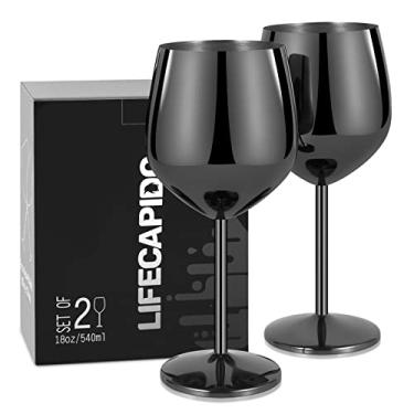 Imagem de Lifecapido Conjunto de 2 taças de vinho de aço inoxidável de 530 ml, taças de vinho de metal com haste com escova para festa de escritório, ótimo para vinho branco tinto (cinza preto)