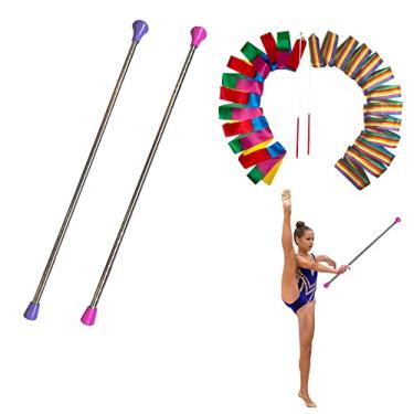 Imagem de Oiloda 2 peças bastão giratório de 66 cm banda de marcha bastão de dança giratório bastão de desfile de ginástica para crianças em Majorette com 2 fitas de dança (rosa e roxo)