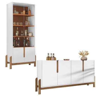 Imagem de Aparador Buffet 170 Com Cristaleira Lizz Pés Madeira Maciça Branco/cedro