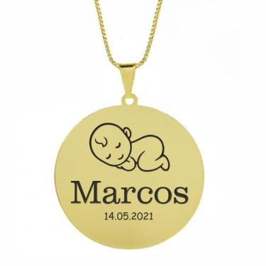 Imagem de Gargantilha Pingente Redondo Personalizado Nome Marcos Banhado Ouro 18