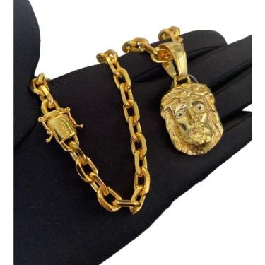 Imagem de Cordão Cadeado 8mm + Pingente Face Jesus  - Banhado a Ouro - ToJoia18k