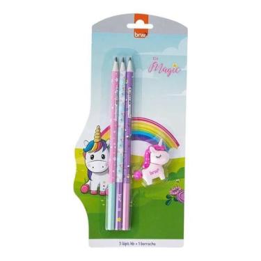 Imagem de Kit Escolar 3 Lápis HB + Borracha Divertida Decorada Tema Magic Unicór