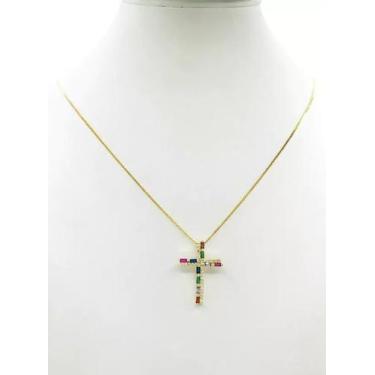 Imagem de Cordão Feminino 1mm Cruz Colorida - Banhado a Ouro 18k - ToJoia18k