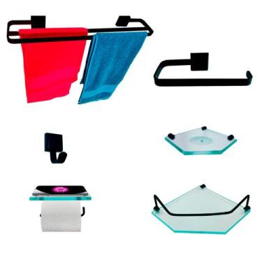 Imagem de Kit Para Banheiro Luxo Premium Preto Sextavado Vidro Incolor - VSA