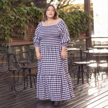 Imagem de Vestido Plus Size Longo Xadrez Rodado Com Babado Manga 3/4 Multiuso Fe
