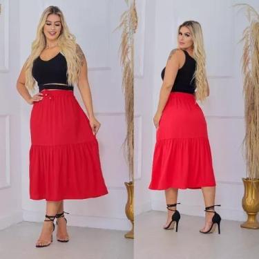 Imagem de Saia Midi Gode Cintura Alta Rodada Em Viscolinho - VERMELHO - CLICK TU