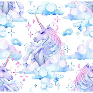 Imagem de Papel Parede Adesivo Unicornios E Nuvens Tons Roxo Quarto Menina Sala 