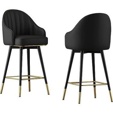 Imagem de Banquetas giratórias de 2 peças com suporte para as costas, banquetas de couro PU para balcão de cozinha para pub bistrô, altura 65 cm/75 cm (cinza alto: 75 cm), preto, alto: 65 cm