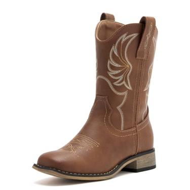 Imagem de Botas ocidentais infantis para meninos e meninas, bordadas, cowgirl, caubói, bico quadrado, cano médio, sapatos de equitação para crianças pequenas/crianças grandes, Totalmente marrom, 9 Toddler