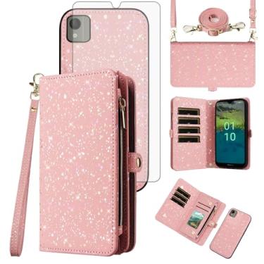 Imagem de Asuwish Capa de telefone para Nokia C110 Carteira magnética destacável com protetor de tela de vidro temperado e compartimento para cartão com glitter, suporte flip, acessórios para celular C 110 4G