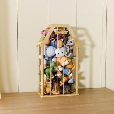 Imagem de DOCUYAY Armazenamento de animais de pelúcia em forma de casa de pelúcia organizador de brinquedos macios de madeira zoológico organizador de brinquedos de pelúcia gaiola de zoológico suporte de