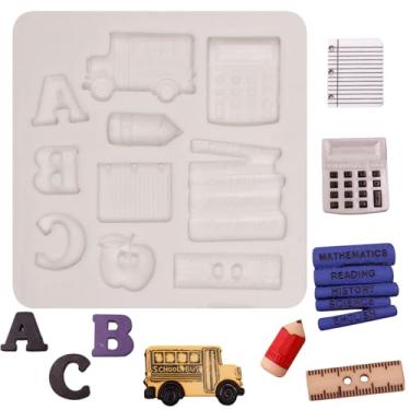 Imagem de Materiais Escolares Fondant Formas de Cozimento Calculadora de Livros Moldes de Silicone Régua Lápis Moldes de Chocolate Ônibus Escolar Moldes de Maçã para Decoração de Bolos Topo de Cupcake Pasta de