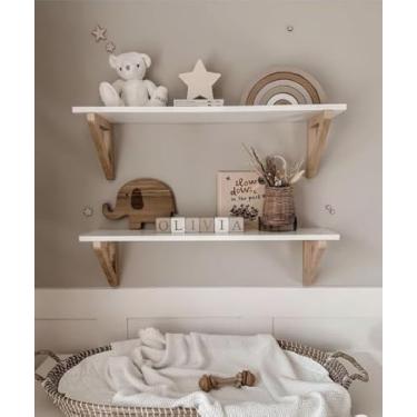Imagem de Prateleira de Parede Decorativa em MDF Branco com Suporte em Madeira Pinus, 50x15 cm, Kit com 2 Peças