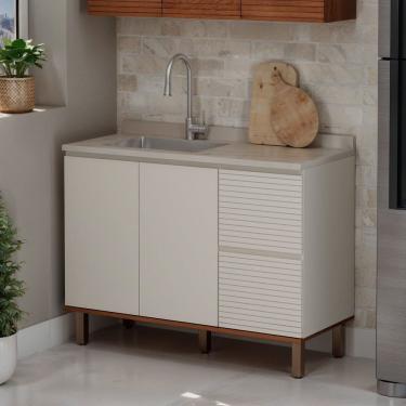 Imagem de Balcão Gabinete de Cozinha para pia 100% MDF com 3 Gavetas Corrediças Telescópicas Off White/Canela