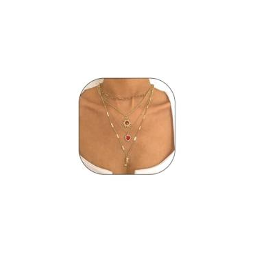Imagem de Rrdaily Colar feminino com pingente de pedra da lua e sol em camadas de ouro 14K delicado com clipe de papel, coração e strass, joias para festas de fim de ano, Large, Metal, Sem Pedra Preciosa