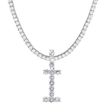 Imagem de Colar com inicial Jacruces prata grande pingente de letra inicial colar corrente de tênis Bling CZ inicial letra colar 45,7 cm + extensor de 5 cm