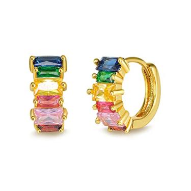 Imagem de Brincos de argola delicados de zircônia cúbica de arco-íris banhados a ouro 14 K para mulheres, adolescentes, meninas, moda, prata esterlina 925, multicolorido, zircônia cúbica, círculo redondo, tragus, argolas grossas, hipoalergênicas, para filha, enfeite de festa de Natal, aniversário, 9 mm, Metal
