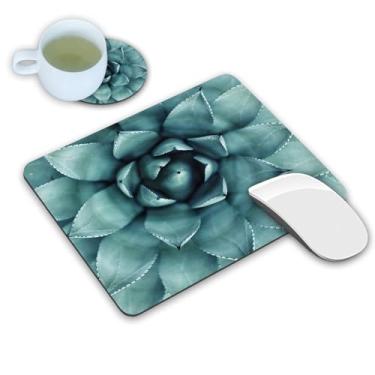 Imagem de LOWORO Conjunto de mouse pad e porta-copos, mouse pad verde de planta suculenta de aloe verde, mouse pads retangulares de base de borracha antiderrapante para laptop e computador acessórios de escritório