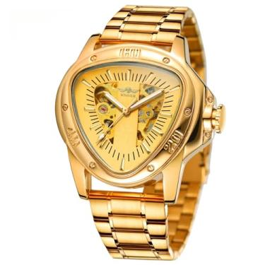 Imagem de DAXIAOYU Relógios de pulso masculinos automáticos masculinos de luxo triângulo oco masculino mecânico esqueleto à prova d'água, Dourado, Luxuoso