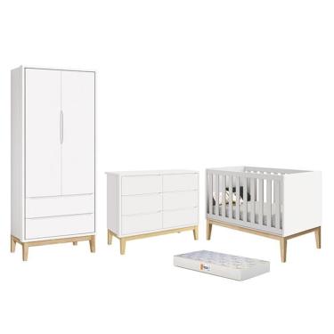 Imagem de Dormitório Completo Infantil Classic 2 Portas, Cômoda 6 Gavetas, Berço com Pés Madeira Natural e Colchão D18 - Reller Móveis Branco Fosco