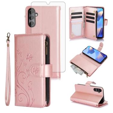 Imagem de Asuwish Capa de celular para Samsung Galaxy A26 5G carteira celular com protetor de tela de vidro temperado alça de pulso flor flip zíper porta-cartão slot suporte A 26 26A LTE mulheres meninas homens