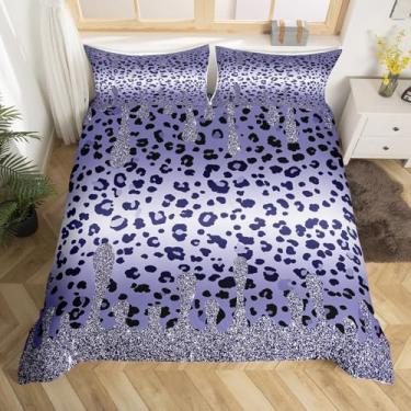 Imagem de Jogo de capa de edredom africano de vida selvagem de guepardo (não edredom) King, capa de edredom moderna com glitter roxo e prata com 2 fronhas, conjunto de cama com estampa de leopardo para presente