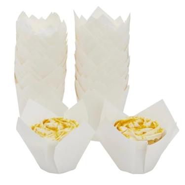 Imagem de Juvale Pacote com 100 forros de cupcake de tulipa branca para casamento, festa de aniversário, copos de papel manteiga e envoltórios de muffin para chás de bebê, decorações de festa de chá (5,6 x 8 cm
