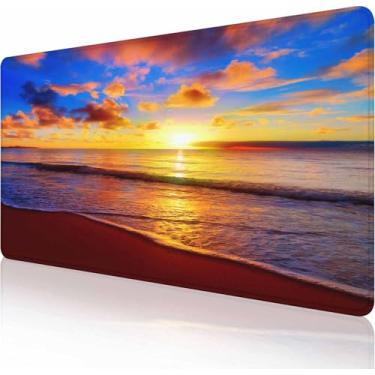 Imagem de Mouse pad grande estendido para jogos com bordas costuradas, base de borracha antiderrapante para escritório, computador, teclado, laptop e mesa de casa, 90 x 40 cm, pôr do sol na praia