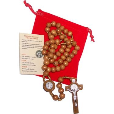Imagem de Colar de terço São Bento Medalha 43 cm NR Contas de madeira marrom da Terra Santa GRANDE