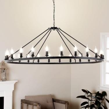 Imagem de Rosegurt Lustre Grande De 53 Polegadas, Preto, Com Rodas De Carroça, 24 Luzes, Estilo Industrial, Redondo, Pendente De Teto Alto, Corrente Ajustável Para Varanda Externa, Hall De Entrada, Sala De Ja