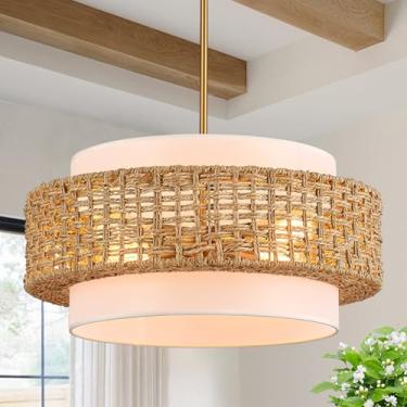 Imagem de Widluth Lustre De Vime De 19,7" Com Linho Estilo Boho, Tecido À Mão, De Bambu, Luminária Moderna, De Vime, Dourado, Para Sala De Jantar, Cozinha, Sala De Estar, Hall De Entrada